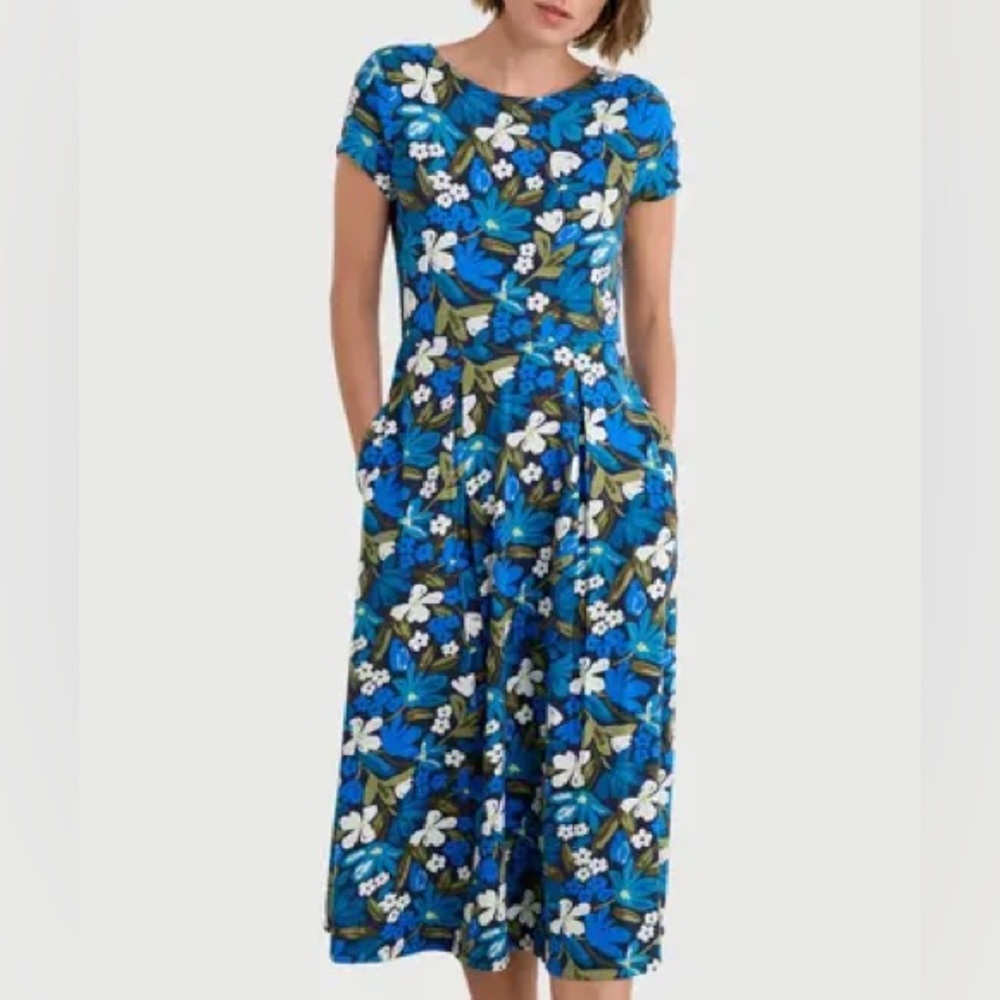 Seasalt Cornwell Blue Floral April Soft Cotton Jersey Midi‎ Flared Dress